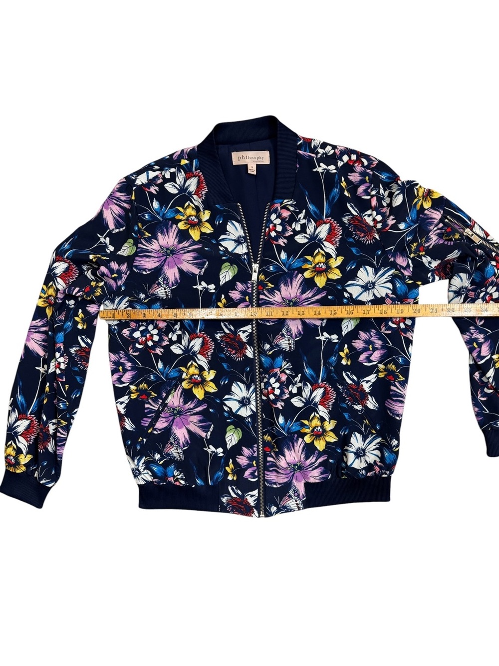 Philosophy Floral Bomber Jacket Size Small Navy Zip Front Lightweight - Picture 3 of 9